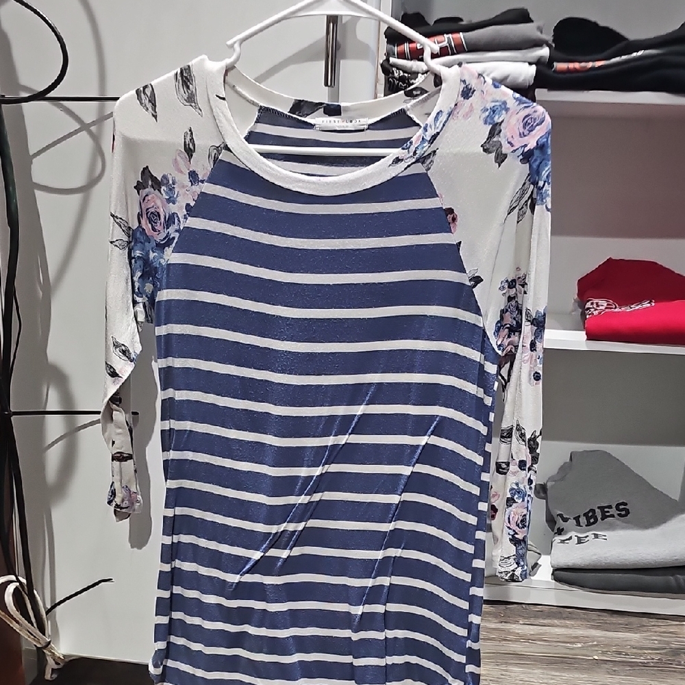 First Looks Blue and White Striped Floral Top